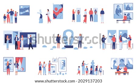 Set with isolated compositions of art gallery museum artwork icons with paintings and characters of people vector illustration