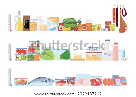 Food storage set with flat icons of various products on three isolated shelves with different temperatures vector illustration