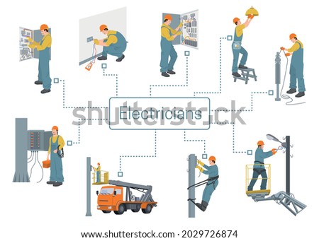 Electricians infographics layout demonstrated technicians working with breaker fuse box electric switchboard and street lighting devices vector illustration ストックフォト © 