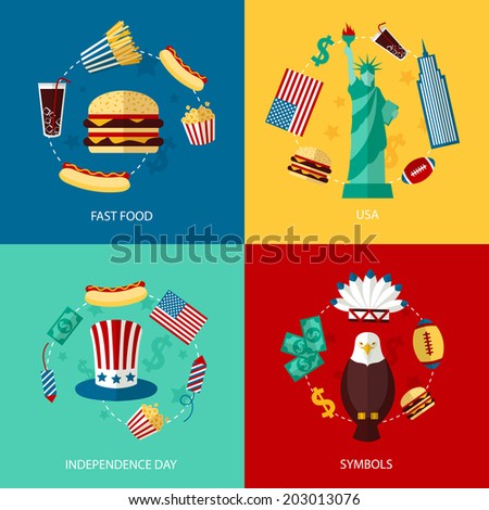 Business concept flat icons set of USA landmarks and fast food independence day symbols infographic design elements vector illustration