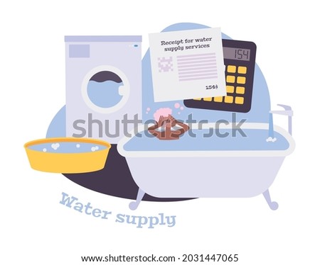 Water supply flat composition with woman in bath receipt calculator washing machine vector illustration