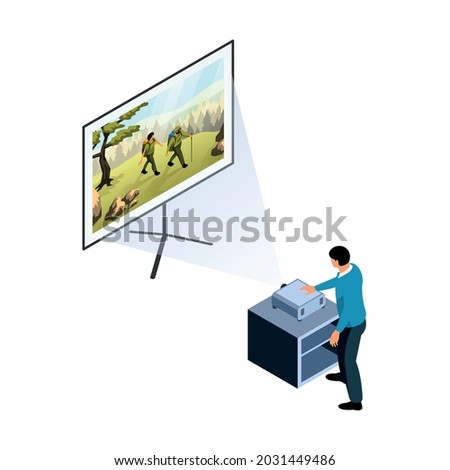 Character turning on projector to watch movie on projection screen isometric vector illustration