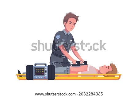 Emergency cartoon icon with male paramedic using defibrillator vector illustration