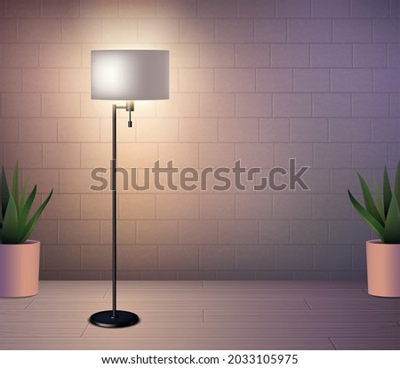 Floor lamp realistic background illustrated classic torchiere with cylindrical lampshade 3d vector illustration