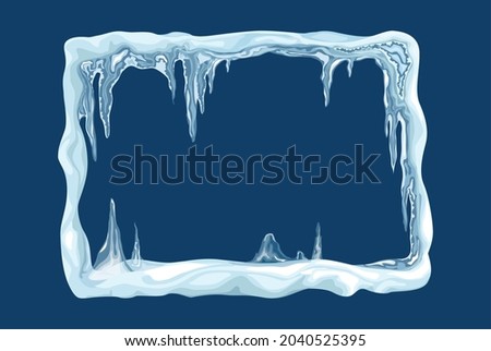 Abstract rectangle snow frame with ornate hanging icicles at blue background flat vector illustration