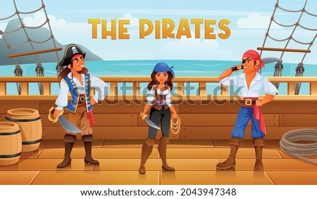 Two brave pirates and a woman pirate stand on the deck of the ship vector cartoon illustration