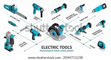 Electric machine and tools infographics demonstrated angle grinder renovator impact drill engraver saber saw industrial hair dryer screwdriver jigsaw isometric vector illustration