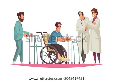 Cartoon physiotherapy composition with patient in wheelchair and physiotherapists vector illustration