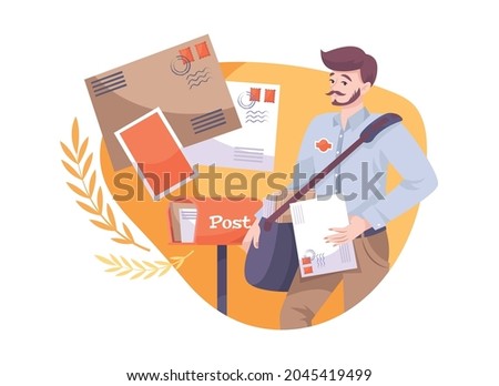 Flat composition with male postman and letters in envelopes vector illustration