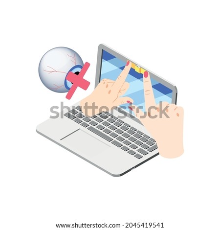 Isometric concept of privacy protection with sticker on laptop camera 3d vector illustration