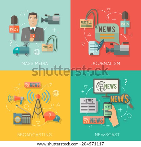 Mass media journalism broadcasting news cast concept flat business icons set of paparazzi profession live radio for infographics design web elements vector illustration