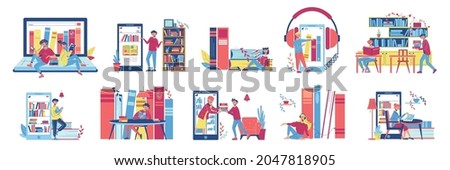 Online library color icon set different formats of reading books on your smartphone in library with audio vector illustration
