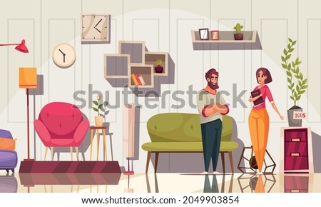 Married couple in furniture store discuss purchasing fashionable chest of drawers for 100 bucks cartoon vector illustration