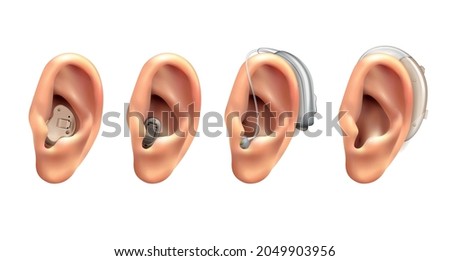 Hearing aid ear realistic set of four isolated images with human ears with hanging electronic appliances vector illustration