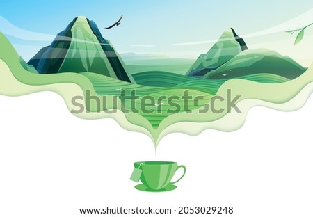 Green cup of tea and steam forming beautiful landscape with valley mountains and flying bird realistic composition vector illustration