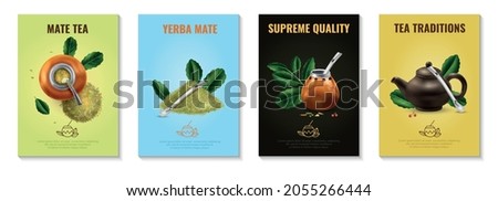 Yerba mate tea realistic vertical posters set with green leaves and traditional accessories on color backgrounds isolated vector illustration Photo stock © 