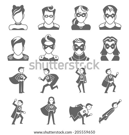 Super hero male and female avatars in superman costumes set isolated vector illustration