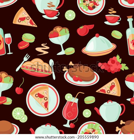 Restaurant food drink menu chicken ice cream dishes seamless pattern vector illustration.
