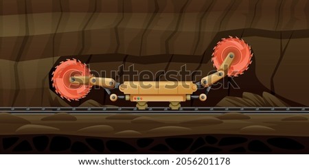 Mining miner cartoon composition with subsurface scenery and automated grinder on rail rotating wheels boring holes vector illustration
