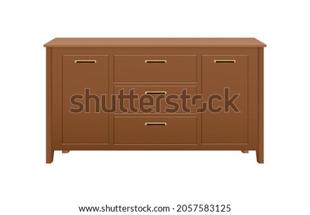 Brown wooden dresser with five drawers for modern interior realistic vector illustration