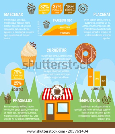 Food sweet  desserts bakery with donut cupcake and charts infographic vector illustration.