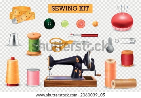 Sewing machine transparent set with needles and thread realistic isolated vector illustration