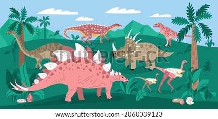 Dinosaurs composition with outdoor landscape wild jungle with palms mountains and walking reptiles of different kind vector illustration