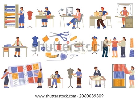 Clothes factory garment set with flat isolated icons of tailoring instruments with fabric and human characters vector illustration Foto stock © 