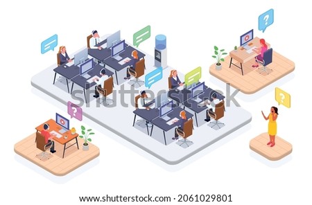 Call center concept set with technical support line symbols isometric isolated vector illustration