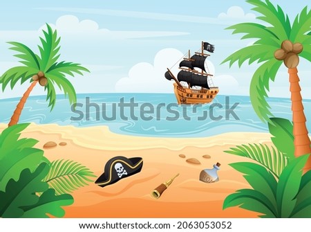 The pirate ship sails to the island where pirate attributes are scattered vector cartoon illustration