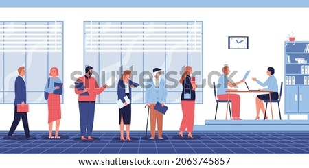 Queue documents composition with office indoor scenery and people standing in waiting line with sitting assistant vector illustration