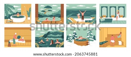 People bathing in thermal waters relaxing in banya sauna hot tub spa salon flat color set isolated vector illustration