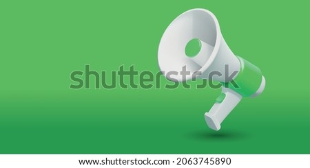 Loud speaker 3d realistic composition with green gradient background and isolated image of plastic megaphone unit vector illustration