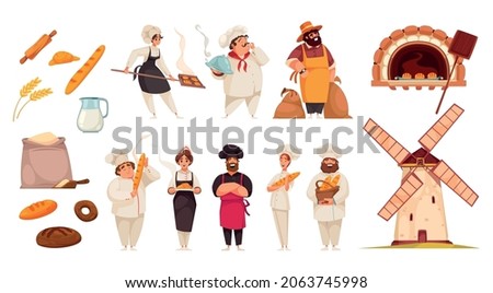 Miller baker set of isolated icons with human characters images of stove windmill and bakery products vector illustration