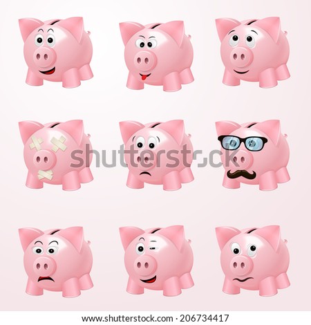 Pink piggy bank emoticons with cheerful curious hipster happy emotion faces isolated vector illustration