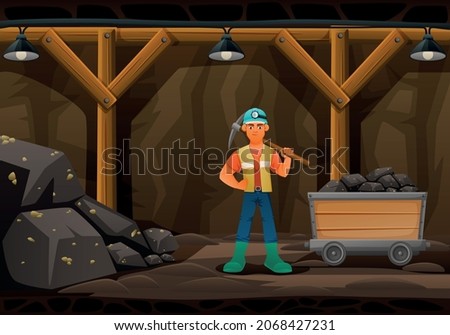 Mining miner cartoon composition with underground scenery and character of male worker holding pickaxe with minecart vector illustration