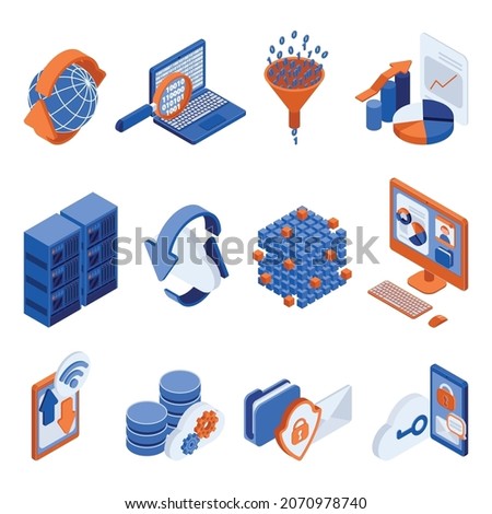 Big data analysis processing isometric icons set with network cloud and graphic analysis symbols isolated vector illustration