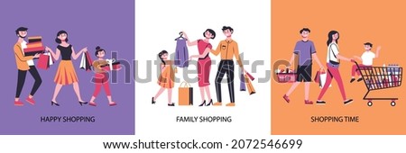 Shopping design concept with three square compositions of buyers characters with purchased goods and text captions vector illustration