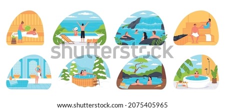Relaxing and bathing compositions set of people steaming in steam room relaxing in wooden jacuzzi in lake and pool with thermal waters flat vector illustration
