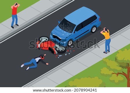 Traffic accident isometric composition with crash between car and motorcycle injured motorcyclist on road bystanders vector illustration