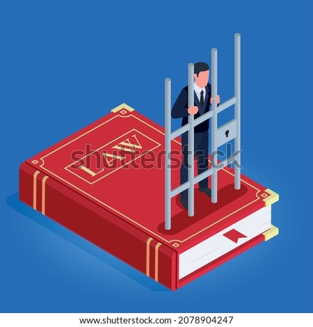 Corruption bribery money laundering isometric background with convicted criminal behind bars stands on law book vector illustration