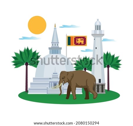 Sri lanka tourism composition with view of ancient temple buildings with trees flag and walking elephant vector illustration