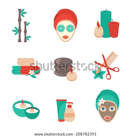 Spa treatments health benefits foot and hot stone massage flat icons set abstract isolated vector illustration