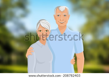 Old senior people family couple half-length portrait on outdoor background vector illustration.