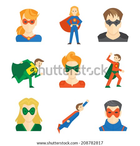Superhero boys and girls avatars in masks and disguise flat set isolated vector illustration