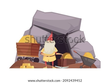 Fairy tale composition with character of dwarf near mine entrance and minecart full of gold vector illustration