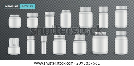 Medicine bottle packaging blank transparent realistic set isolated vector illustration
