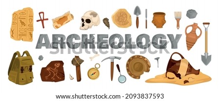 Archeology ancient artifacts composition with isolated icons of shovels brushes with backpack and pieces of findings vector illustration