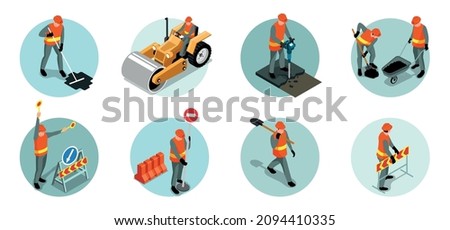 Set of isolated isometric road repair circle compositions with workers in uniform with tools traffic signs vector illustration