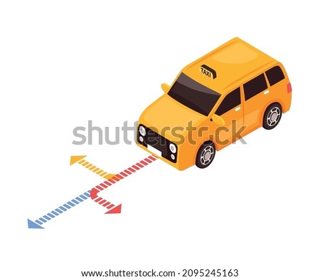 Isometric taxi navigation composition with yellow cab and colorful dashed arrows vector illustration